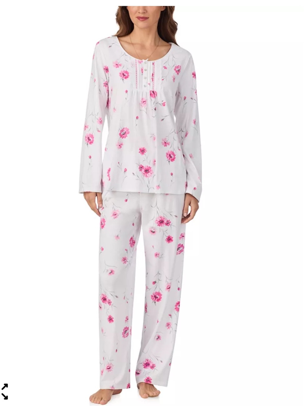Eileen West Pink Floral Long-Sleeve Pajama Set Round Neck Lace Design